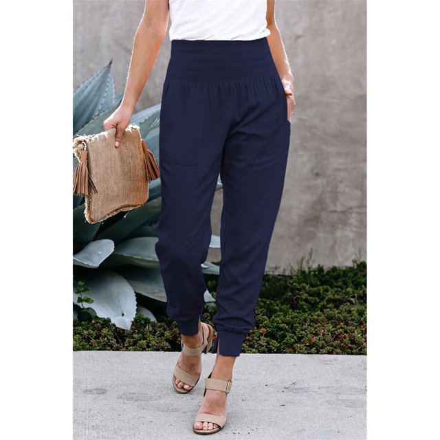 Pantalones de color puro, pantalones casuales de cintura alta elástica para mujer, pantalones con dobladillo dividido diseñados para el futuro