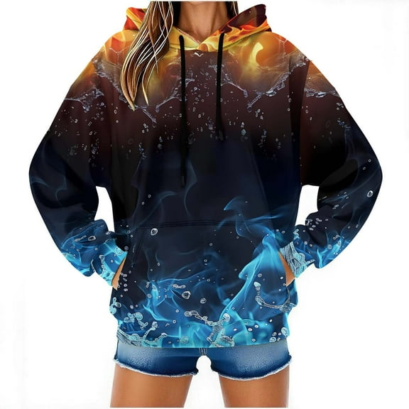 XPMWRP Women's Hoodies Pullover Fire Printed Hooded Sweatshirts Casaul Long Sleeve Drawstring Pullover Fashion Fall Winter Sweatshirt with Pocket Blue L