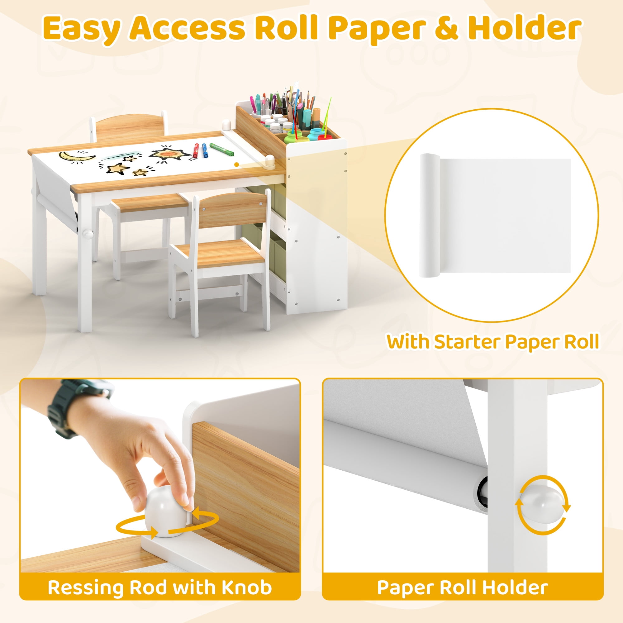 Kids Art Table and Chair Set with Storage Bins & Paper Roll, Toddler Activity Desk for Drawing Play Learning，Natural