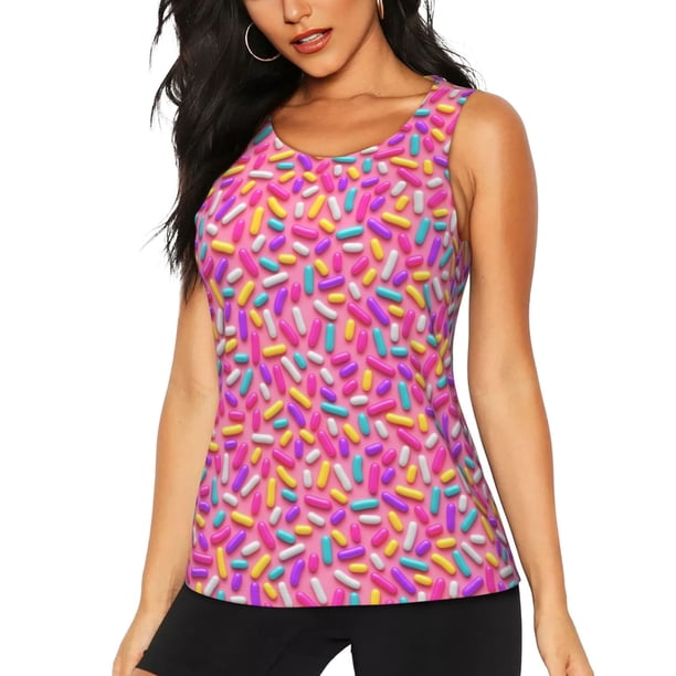 Fotbe Colorful Donuts 1 Blusas Sin Mangas para Mujer – Estilo Casual, Corte Suelto, Slim-Fit, Cuello Redondo Deportivo, Tops de Verano para Gimnasio y Yoga-Medium