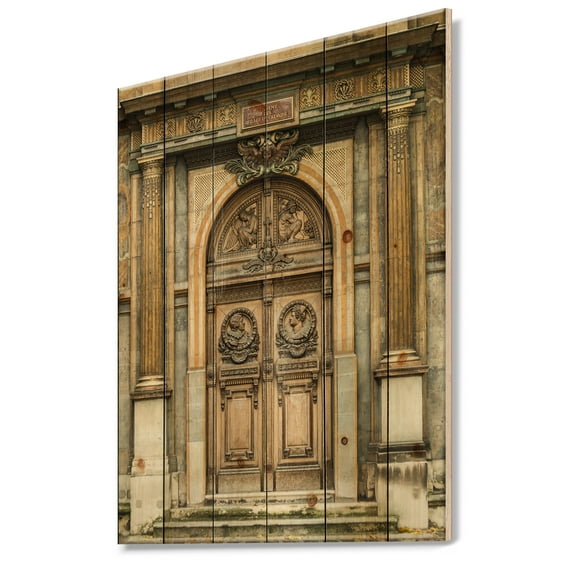 Designart 'Vintage Wooden Paris Door' Vintage Print on Natural Pine Wood