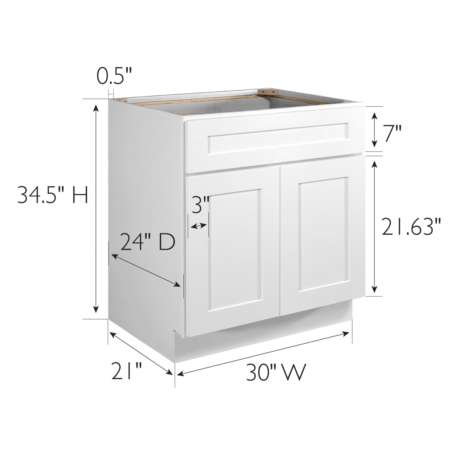 SW-SB30 - Sink Base - 30 inch - Shaker White Base Cabinets