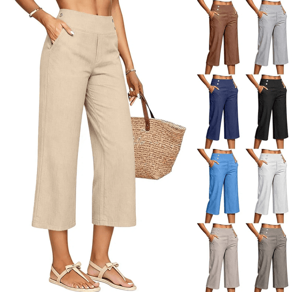 Linen Capri Pants Women 2026 Spring Summer Casual Lightweight Petite Elastic Waist Straight Leg Capris with Pockets,Beige,XL