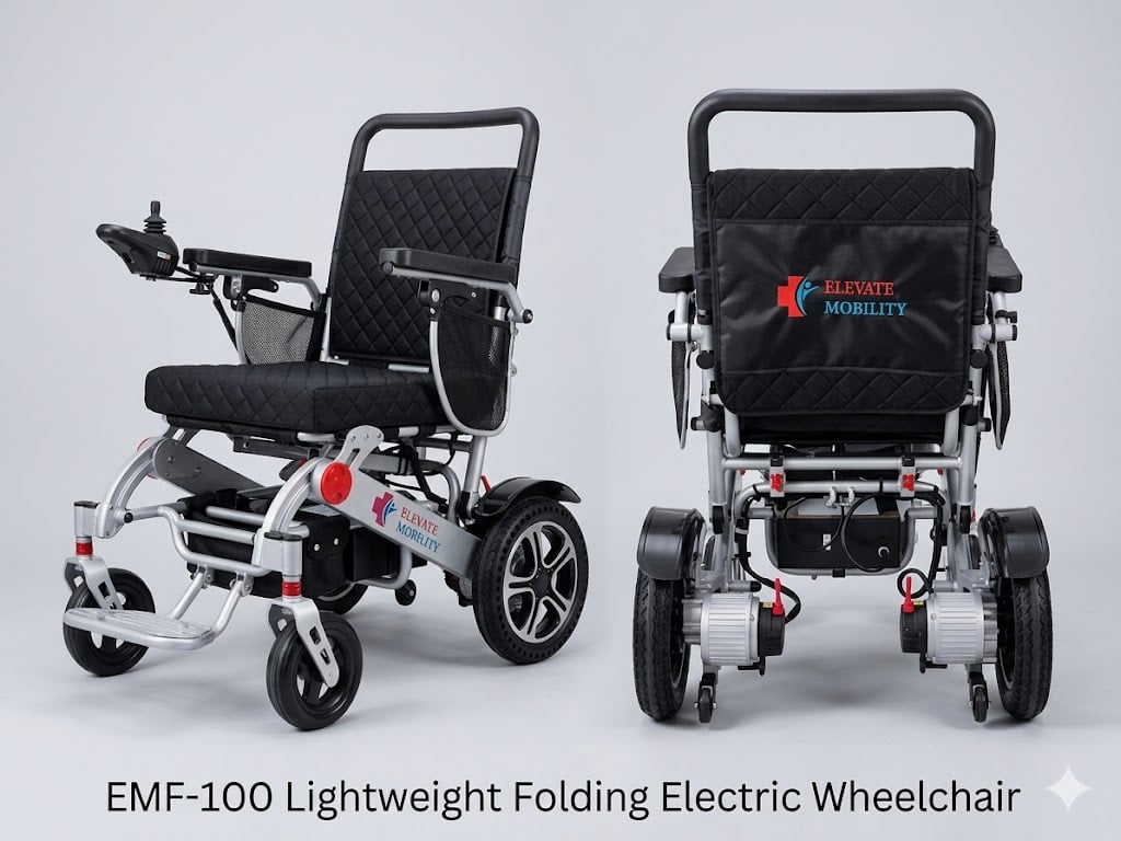 EM-100F Electric/Manual, Remote-Control Electric Wheelchair with Control Joystick and Shopping Bag