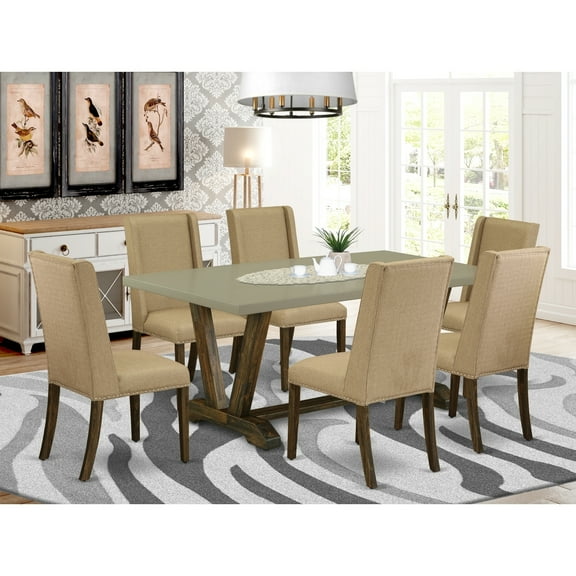 Rustic Dining Set - 7 Piece TableChairs - Linen White Finish - Solid Wood Frame - 6 Person Dining Room Set