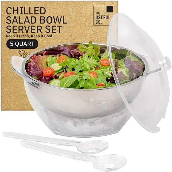 Useful Co. 5QT Salad Bowl Set on Ice - Large Salad Bowl with Lid & 2 Servers - Chilled Tray for Cold Food, Party Buffet - Serving Bowl with Ice Tray Base for Gatherings