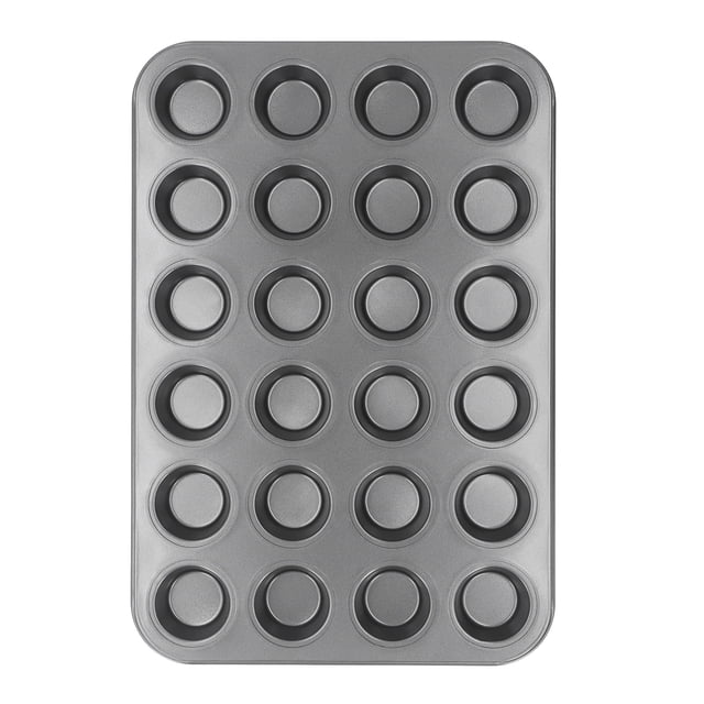 Moule à Muffins en Acier au Carbone Antiadhésif de 24 Tasses - Plateau de Cuisson Rond avec Distribution Uniforme de la Chaleur, Résistant à la Chaleur jusqu'à 450°F, Idéal pour Cupcakes, Crêpes et Desserts Maison, Empilable pour Gain de Place