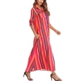 thumbnail image 5 of Women's 3/4 Sleeve Button Closure Shirts Striped Floral Print Beach Dress Sexy Neckline High Waist Long Dresses, 5 of 7