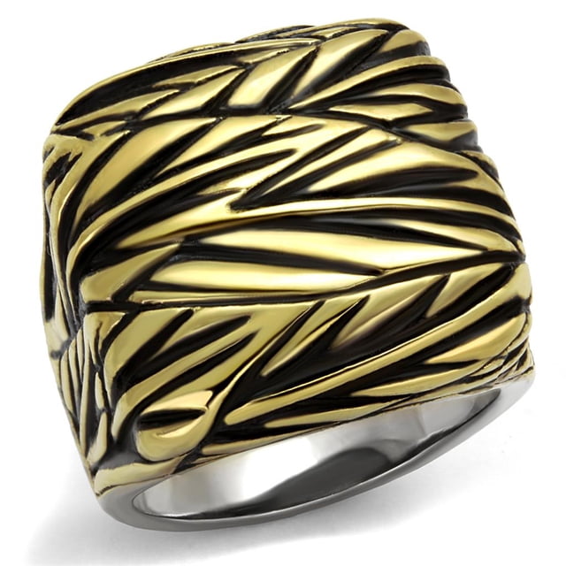 Two-Tone IP Gold (Ion Plating) Stainless Steel Ring with Epoxy in Jet for Women Jet Stone Color Style TK2370 Size 12
