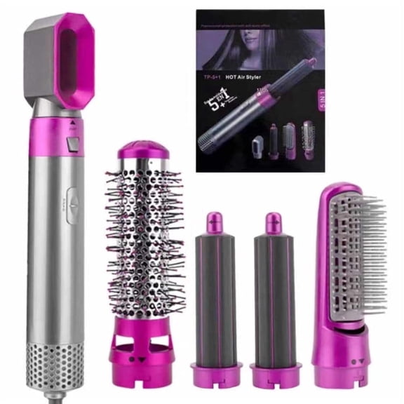 5 in 1 Hot Air Brush – Curl, Dry, Straighten & Volumize, Negative Ion Styling Tool with Auto-Air Curling Comb Set，Rose red