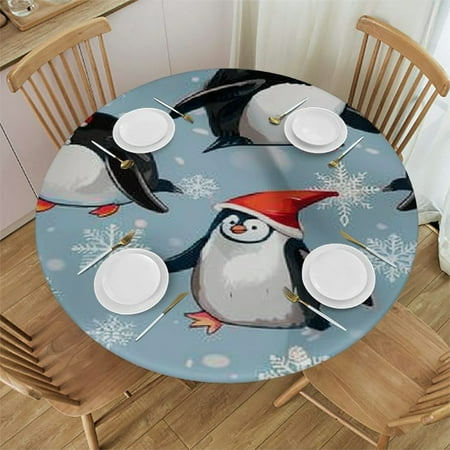 

Patifu Penguins Snowflakes Santa Hat Round Table Cover Stain Resistant Washable Indoor Outdoor Tablecloth Kitchen Dining Wedding Parties 100% Polyester Fiber Christmas Theme 46-50
