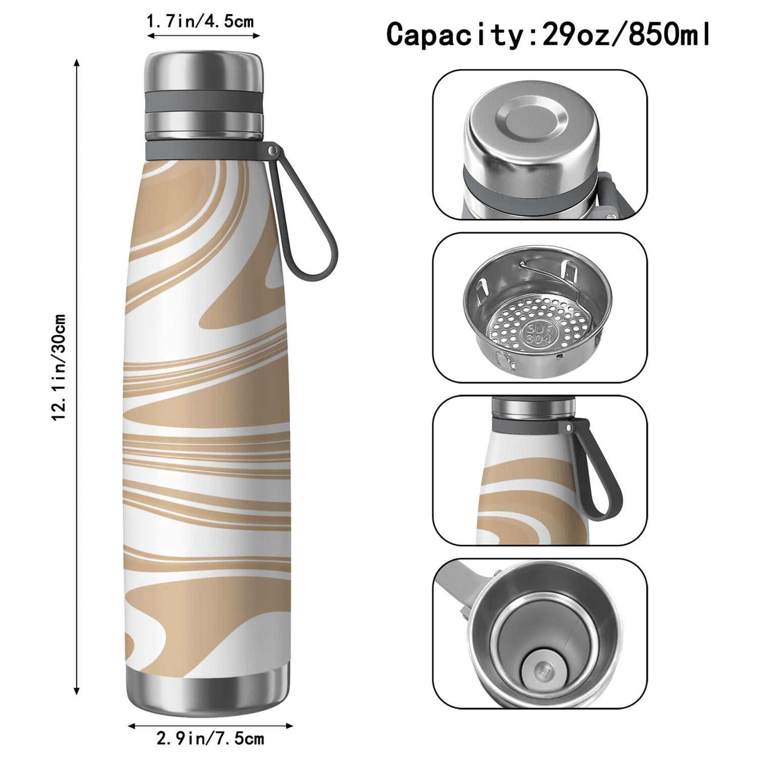 29oz Insulated Water Bottle with Tea Infuser, Stainless Steel Travel Mug, Liquid & Marble Print