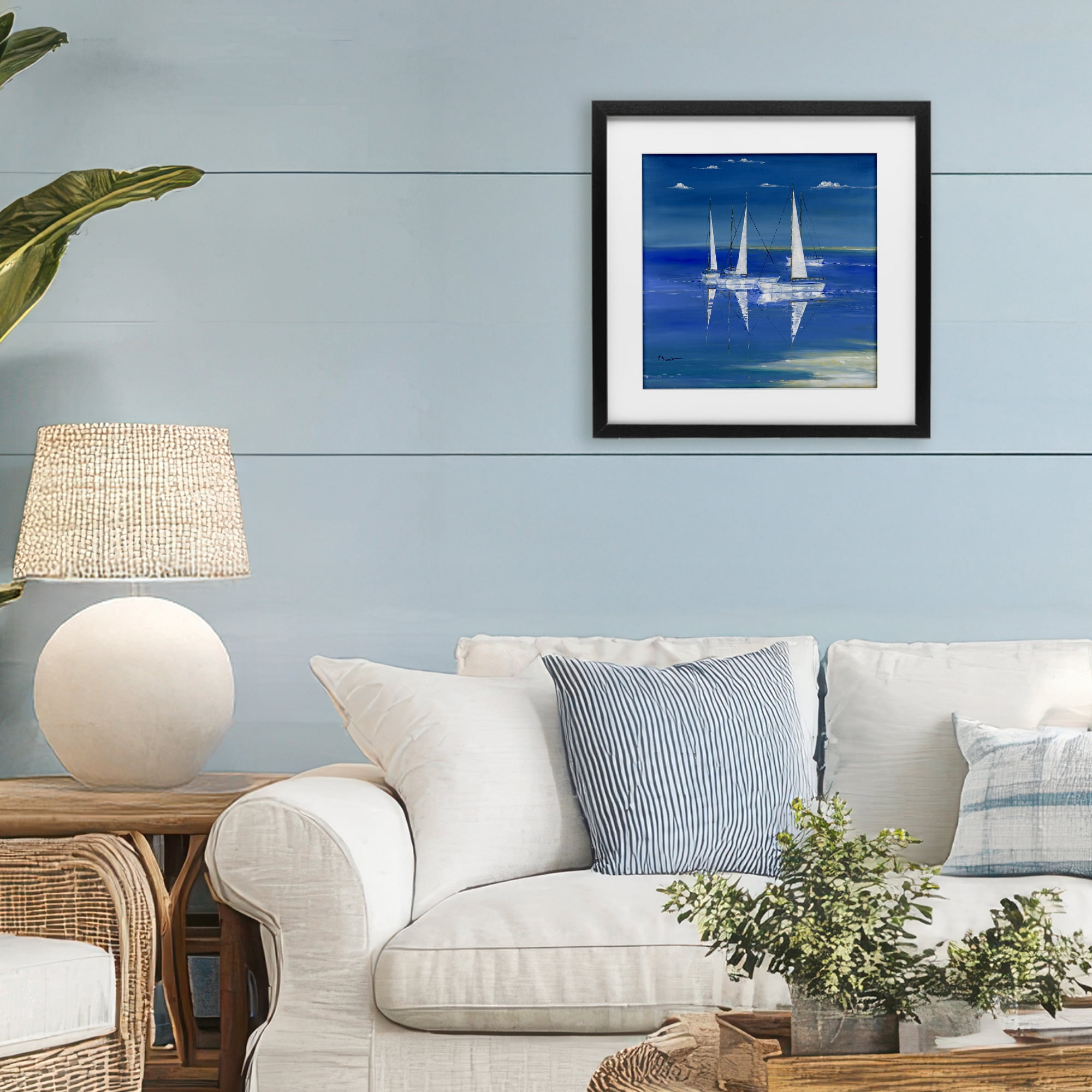 Stupell Industries Serenity Sailboats Reflected on Water Black Framed Print Under Glass, design by Paul Brent