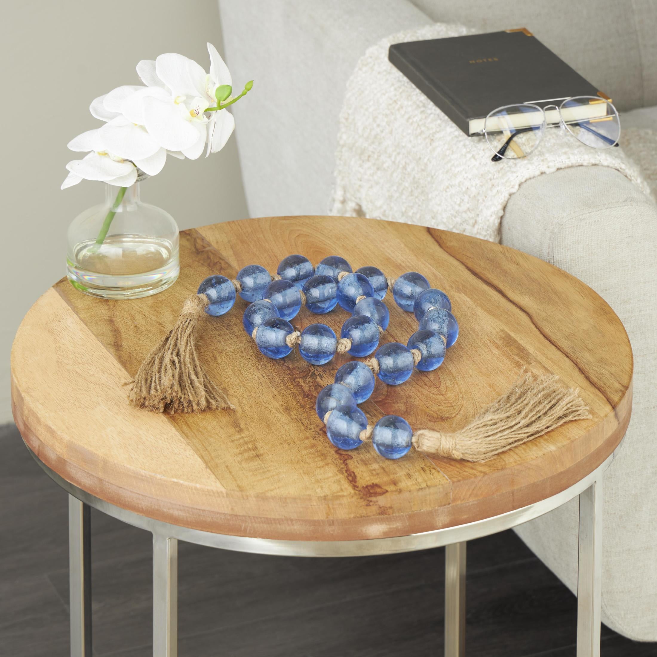 DecMode Handmade Round Blue Glass Garland with Tassel with Knotted Jute