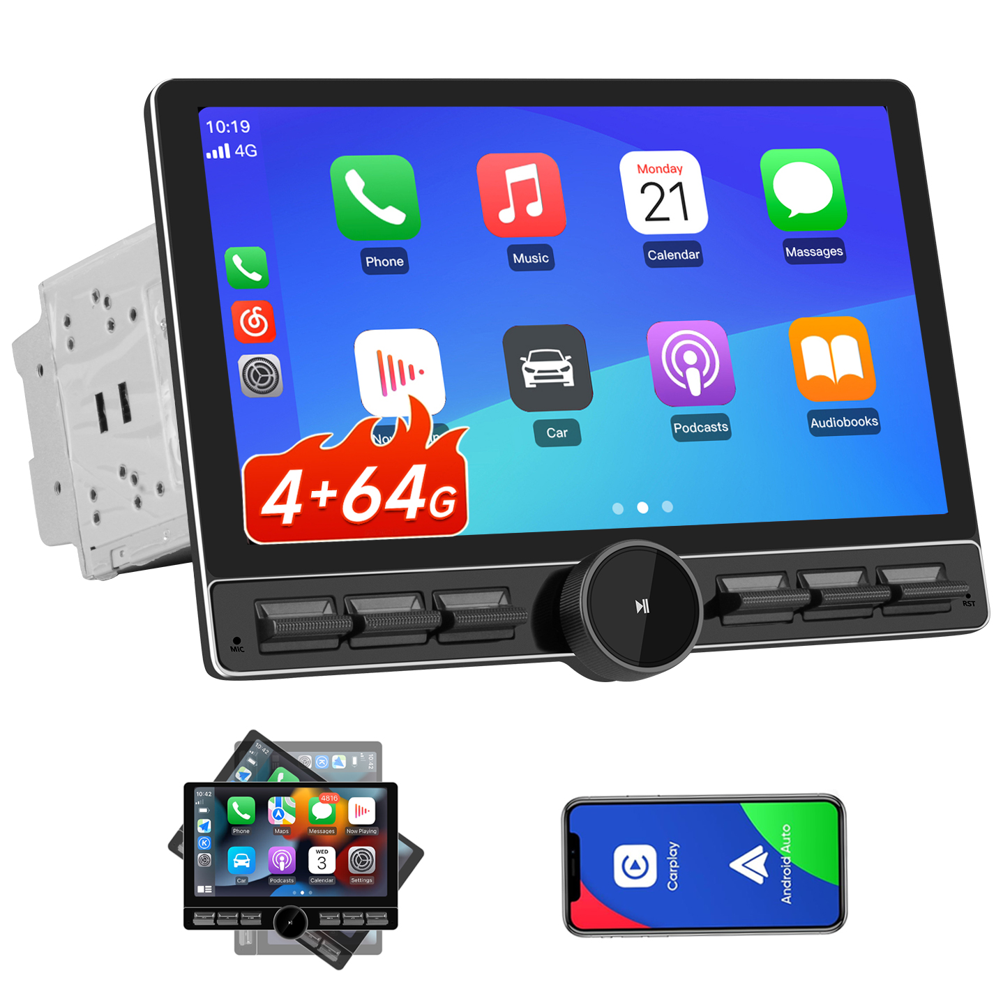 Autoradio Android Double Din 9" 4Go/32Go - CarPlay/Android Auto Sans Fil, écran QLED, 4G, WiFi, GPS, Caméras Avant/arrière 1080P