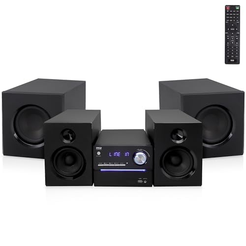 Pyle P.M.P.O Sistema estéreo CD/DVD, 5 piezas BT Streaming inalámbrico 6 ohmios Caja de altavoz de madera bidireccional y subwoofer, amplificador digital IC con MP3, USB, radio FM, altavoz Bass Reflex