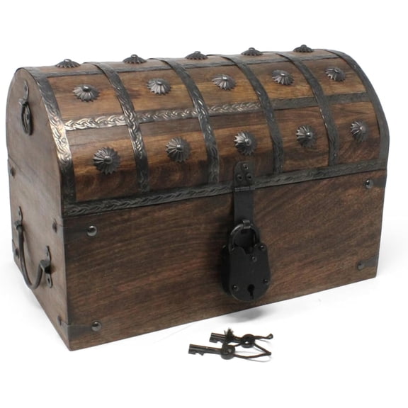 Nautical Cove Pirate Treasure Chest with Iron Lock and Skeleton Key, Wooden Storage Chest, Pirate Decor, Decorative Wooden Box, Keepsake Box, Large