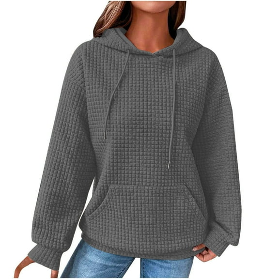 WRKEKC Hoodies for Women Solid Color Waffle Knit Crew Neck Hooded Sweatshirt Long Sleeve Cozy Casual Loungewear Top with Multiple Neutral Color Choices