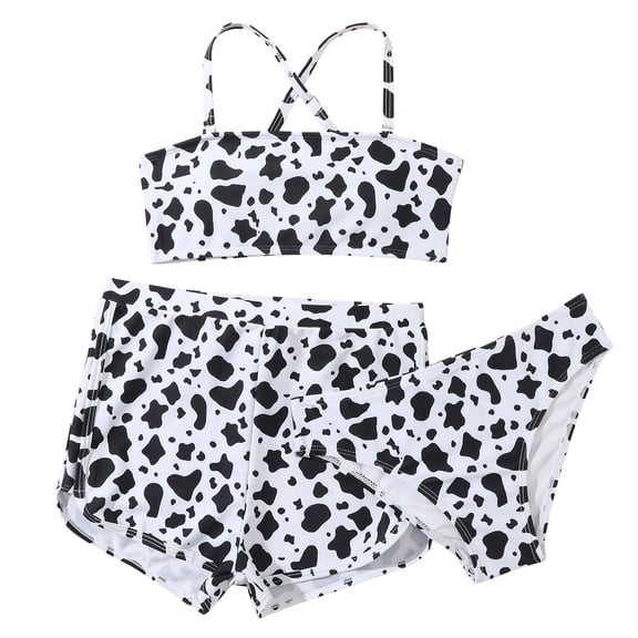 TOWED22 Girls Bikini Set 3 Piece Print Swimsuit Ruffle Sleeve Top Bathing Suit Bikini Sets with Cover Up Skirt Swimwear Black,11-12 Y