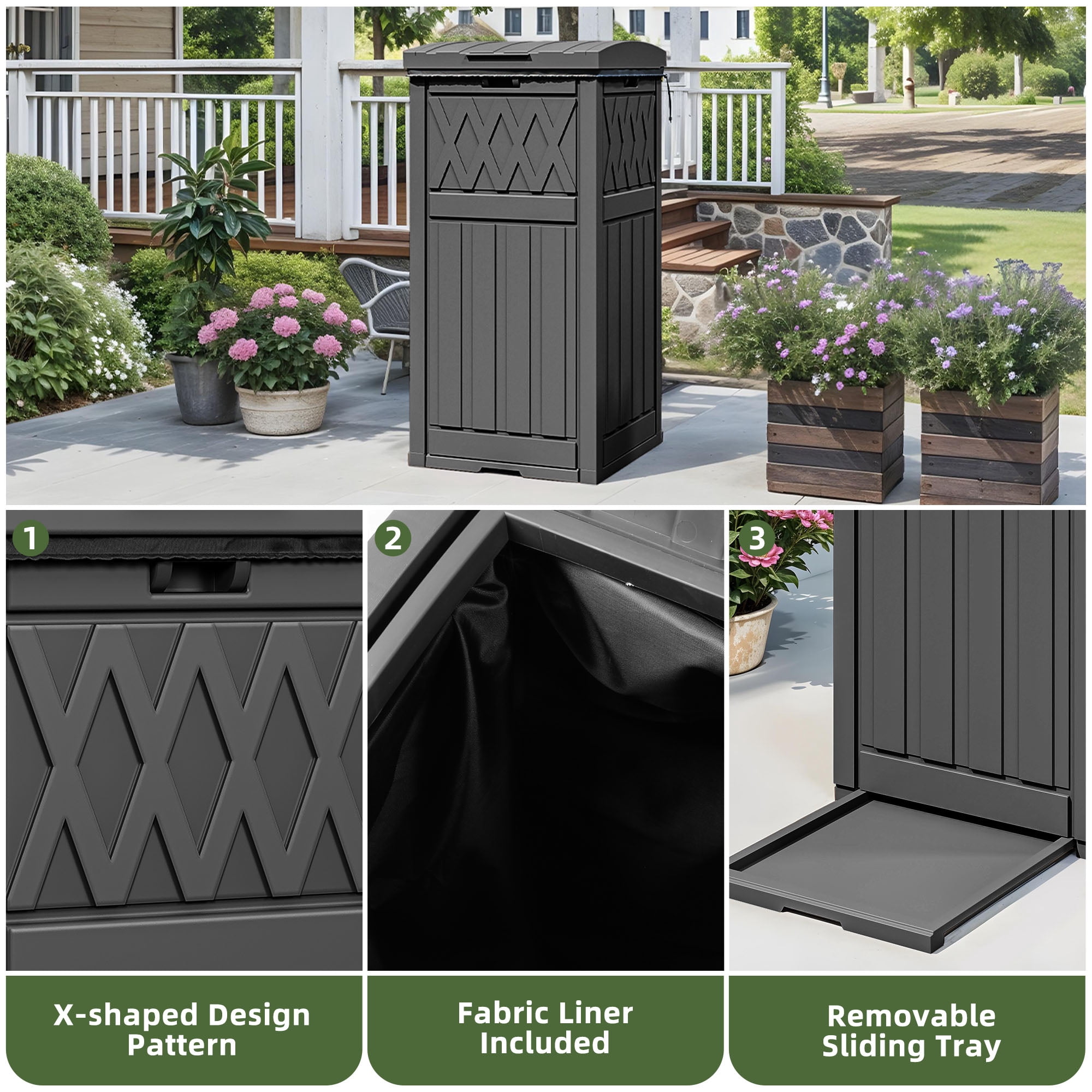 Uforic 31 Gallon Large Outdoor Trash Bin, Waterproof Resin Garbage Can with Lid & Drip Tray, Waste Container,for Porch, Backyard, Black