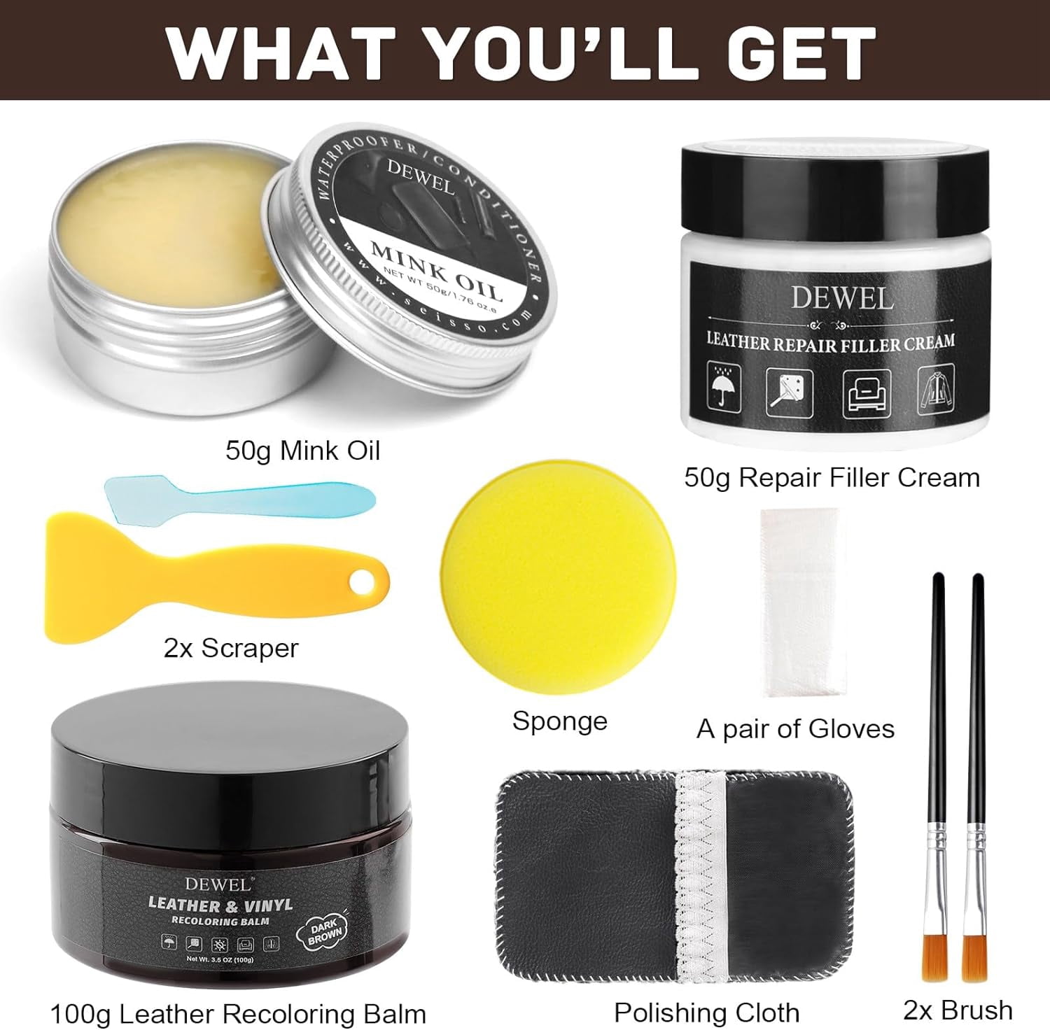 DEWEL Leather and Vinyl Recoloring Balm,Mink Oil,Leather Repair Filler Cream