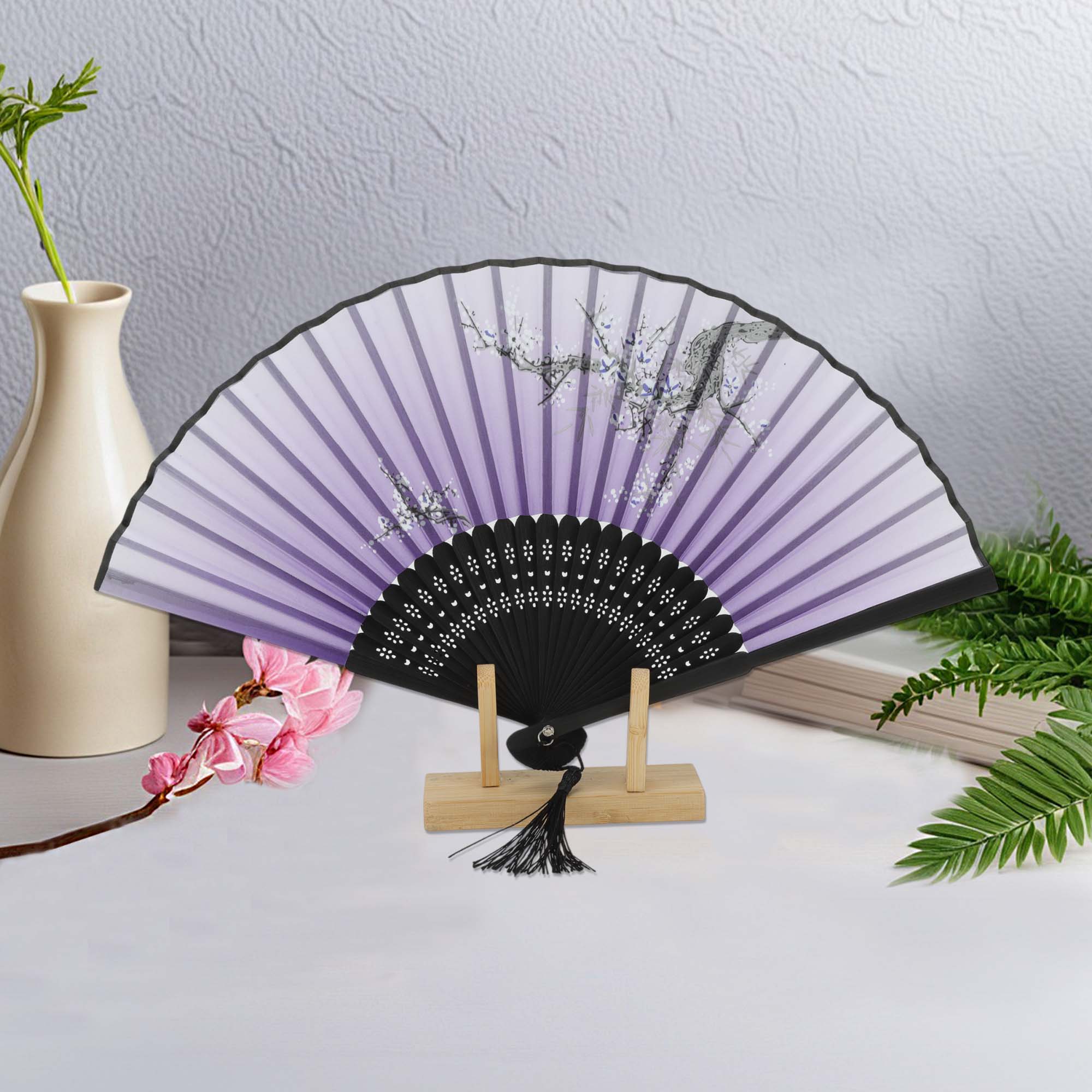 Unique Bargains Ancient Style Folding Fan 1Pc Purple Plum Blossoms Defying the Snow Print