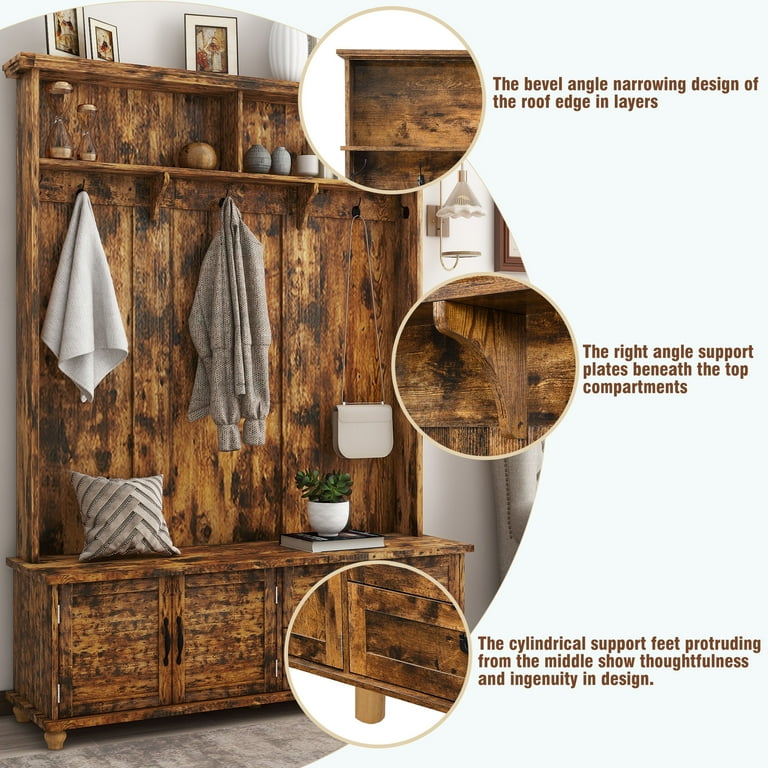 Modern Hall Tree with Coat Rack and Storage Bench, Widen Mudroom