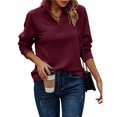 thumbnail image 3 of Women's Autumn and Winter Casual Loose Pullover Quarter Zip Design Ribbed Quilted V-Neck Wine Red M, 3 of 9