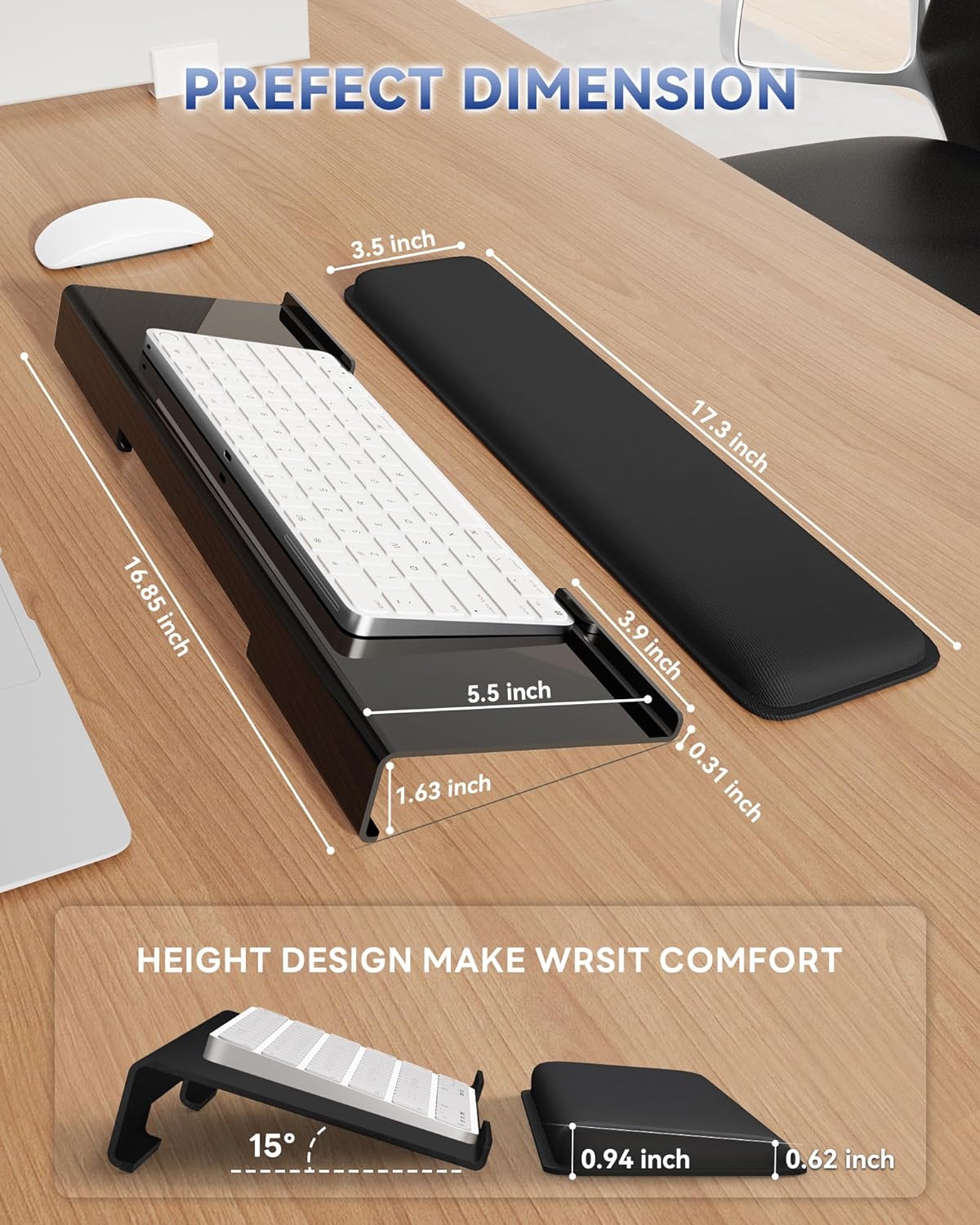 Computer Keyboard Wrist Rest Stand for Desktop, Keyboard Holder for Easy Typing with Wrist Pad for Office Desk, Home, School (Black)