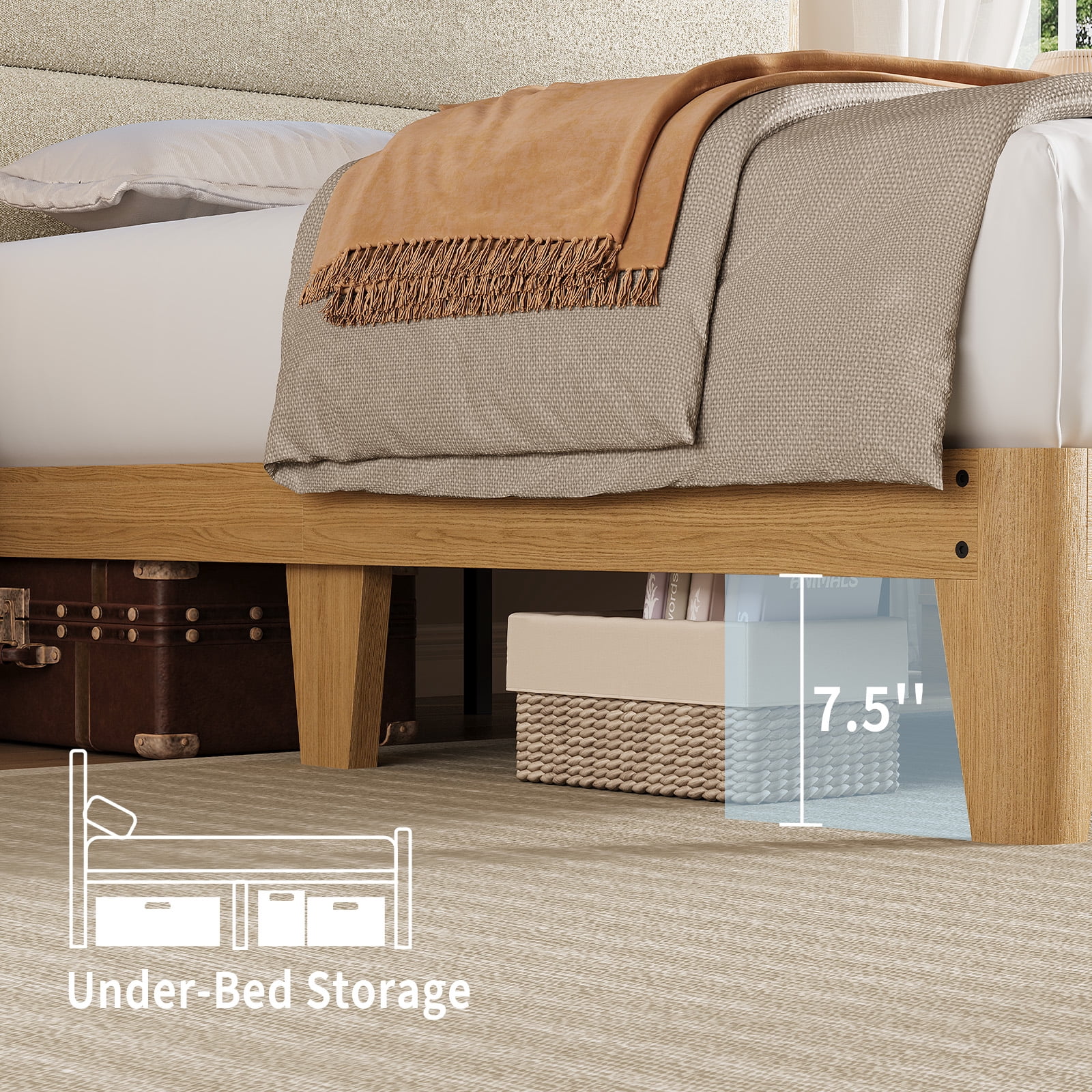 Queen Size Upholstered Bed Frame with LED Lights & Charging Station, Boucle Headboard Platform Bed with Wooden Slats, No Box Spring Needed, Easy Assembly，Beige