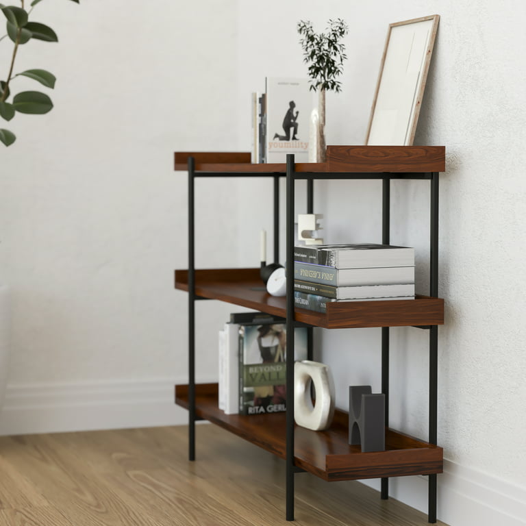Merrick Lane Industrial Style Rustic Brown 3 Tiered Shelving Unit With  Black Metal Frame and Raised Border - 35H