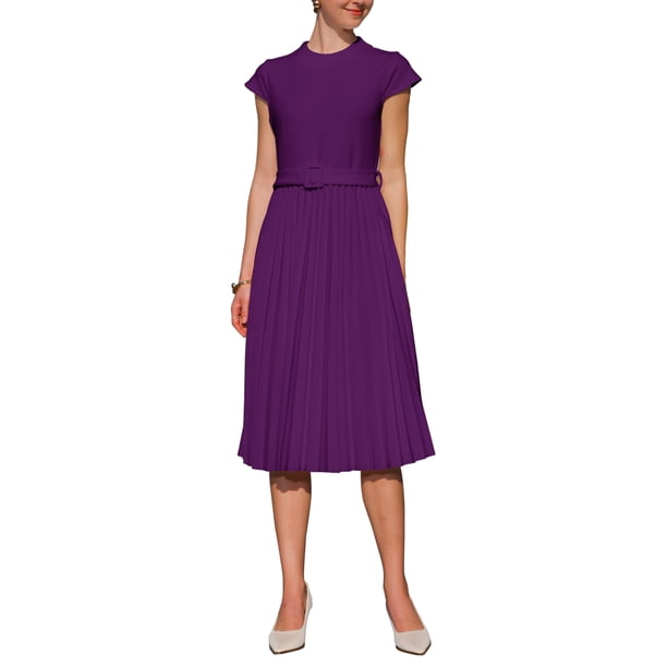 Vestido plisado de mujer Inspire Chic con cuello simulado, mangas cortas, ceñido a la cintura, estilo A-Line, color púrpura