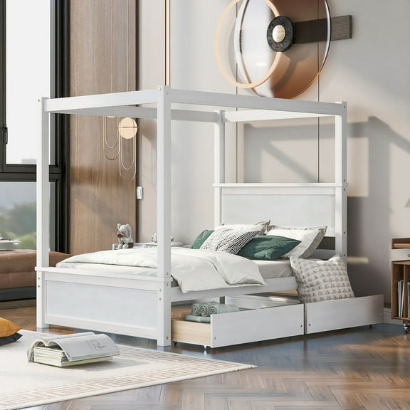 imerelez Wood Canopy Bed with two Drawers, Full Size Canopy Platform bed With Support Slats .No Box Spring Needed, Brushed White