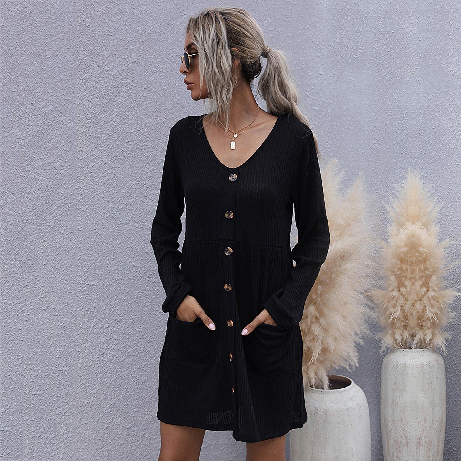 Women's Rib Knit Button Down Long Sleeve Dress-Black - Walmart.com