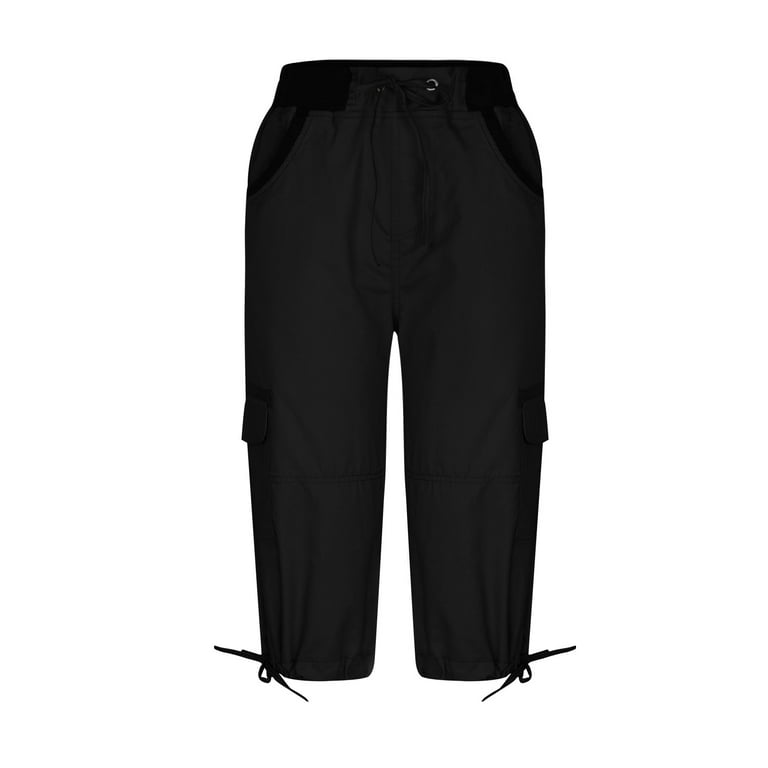 ★CERRIC★WAIST STRING CAPRI CARGO PANTS★1897★Black★人気 ShomPort Women's Elastic High Waisted Cargo Capri Pants