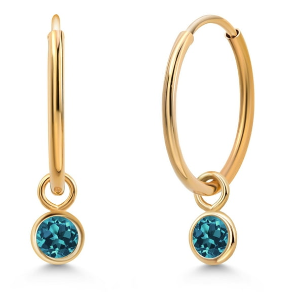 Gem Stone King 14K Yellow Gold London Blue Topaz Snap Closure Continuous Endless Drop Dangle Hoop Earrings for Women (0.26 Cttw,  Round 3MM)