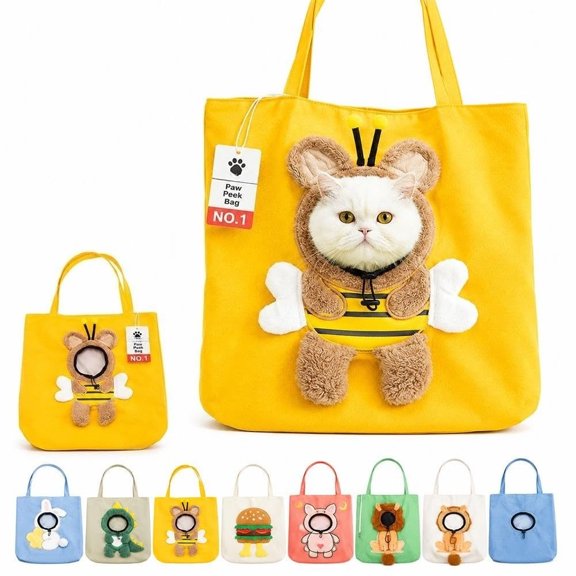 Paw Peek Bag Cute Head Shape Canvas Pet Travel Carrier Tote, Roomy inner space, Shoulder carrying, Handheld option, Outdoor adventures