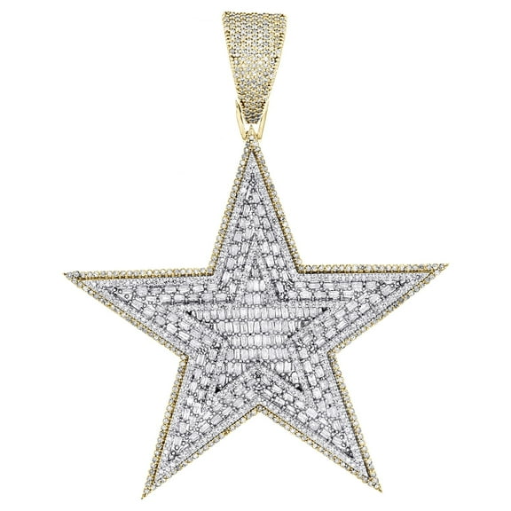 10K Yellow Gold Baguette Diamond 5 Point Star Pendant Pentagram Charm 2.20 CT.