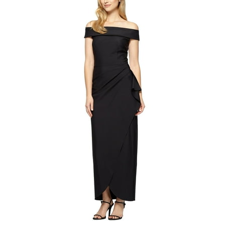 Alex Evenings Long Stretch Scuba Off The Shoulder Dress with Cascade Ruffle (Womens, Black, 14)