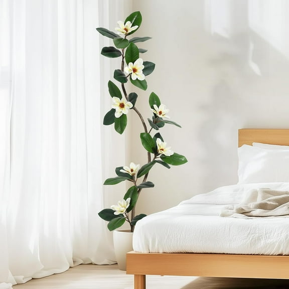 Rubber Tree 5FT Artificial Tree in White Planter Pot,Faux Plants Indoor Faux Floor Plant Artificial Plants with 7 Pcs Magnolia Flowers for Home Decor