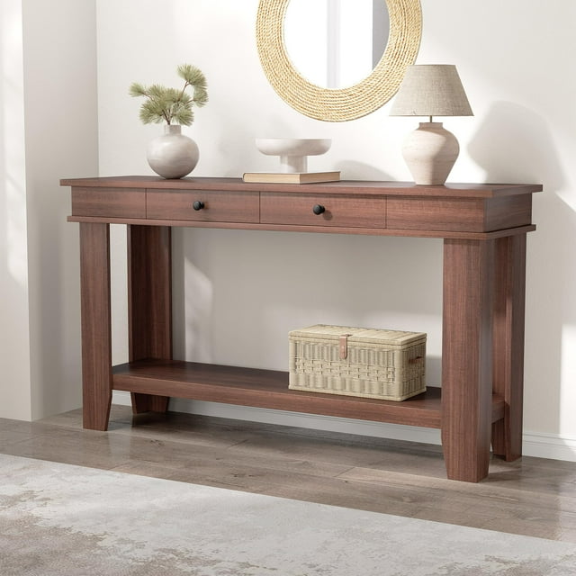 Kojooin 54 Inch Entryway Console Table with Drawers, Wooden Sofa Table with Open Storage Shelf, Farmhouse Entryway Table for Hallway Living Room or Foyer