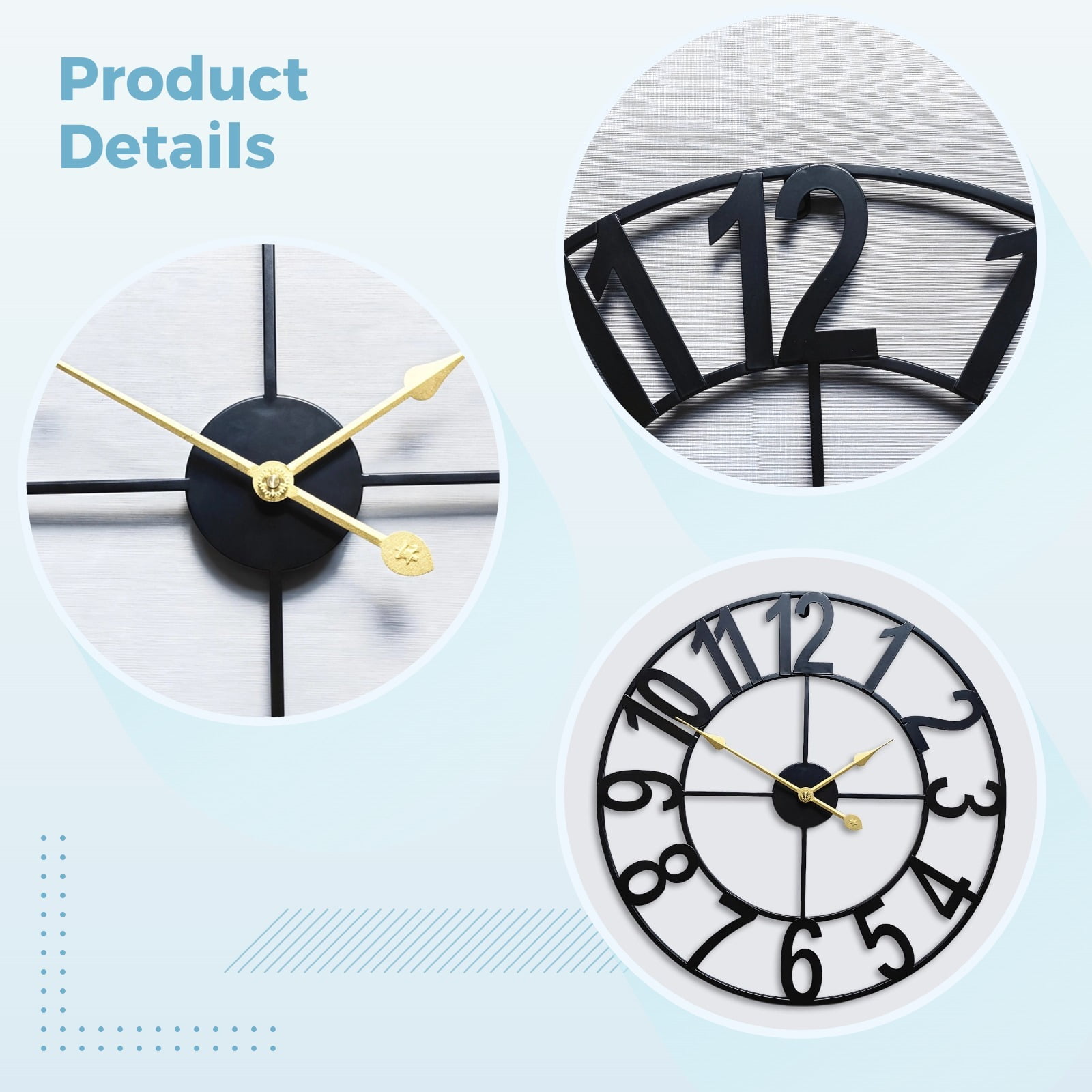 16 Inch Large Metal Wall Clock, Farmhouse Oversized Silent Black Iron Wall Clock with Arabic Numerals, Vintage Industrial Design for Indoor Outdoor Garden Patio Pool Yard Home Decoration