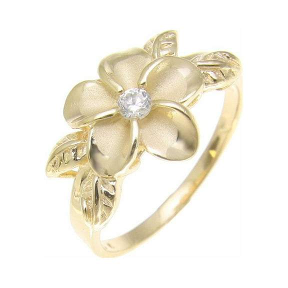 Yellow gold plated 925 sterling silver Hawaiian plumeria flower cz maile leaf leaves ring size 10