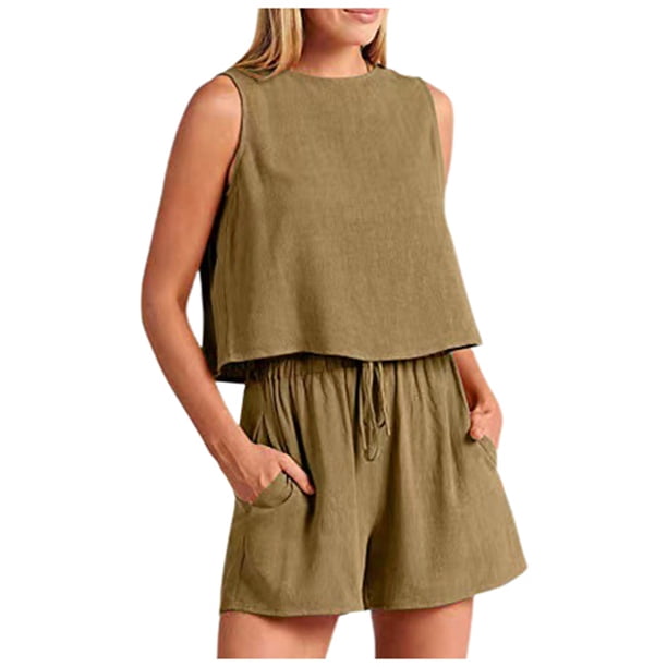 Conjunto de dos piezas de pantalones cortos holgados de cintura alta sin mangas en color liso para mujer, ideal para la primavera y el verano: elegante, transpirable y fácil de combinar.