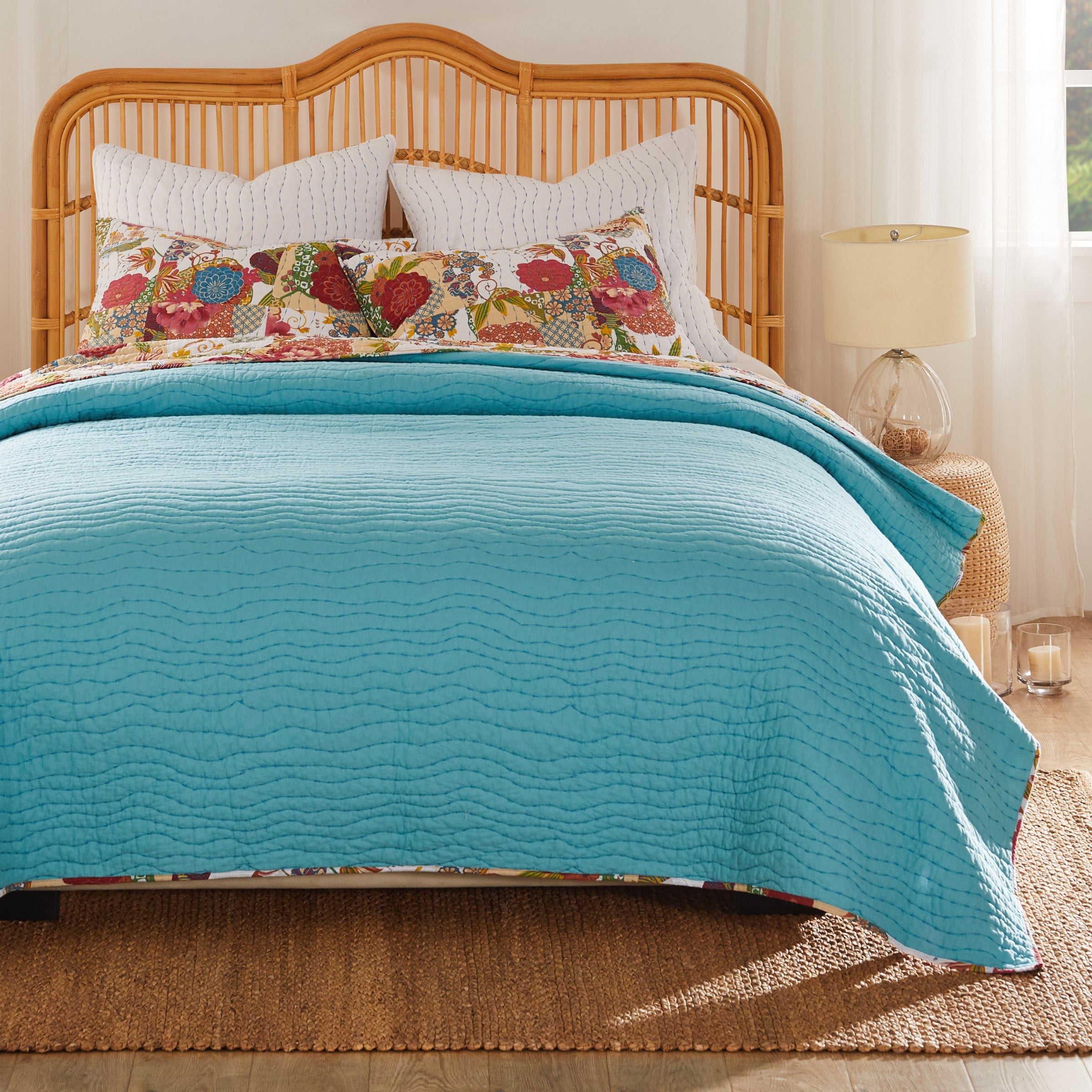 Greenland Home Fashions Jewel Kantha-Stitched Boho White 100% Cotton Quilt Set, 2-Piece Twin-XL