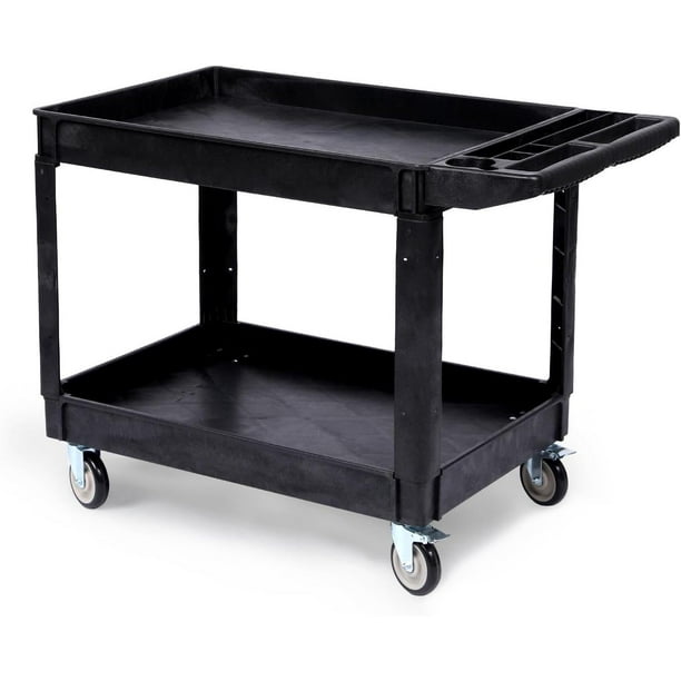 Carrito Utilitario Rodante de 2 Niveles, Carro de Servicio Pesado con Mango, Ruedas 360°, Capacidad 550 Lbs, Organizador de Herramientas de Plástico, 40.5x17.7 in