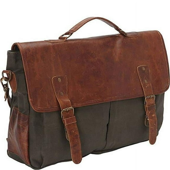 Leather Laptop Messenger Bag & Brief, Brown & Green Canvas
