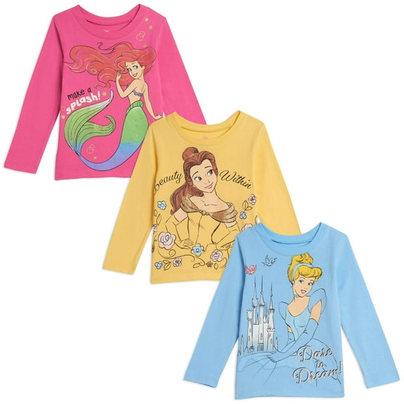 Disney Princess Belle Cinderella Ariel Little Girls 3 Pack Long Sleeve T-Shirts Infant to Big Kid