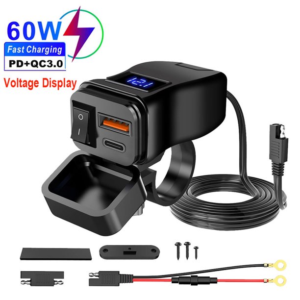 Cargador rápido USB para motocicleta PD + QC3.0, adaptador de fuente de alimentación de 12V, interruptor de voltímetro, doble enchufe USB, manillar de 60W, resistente al agua