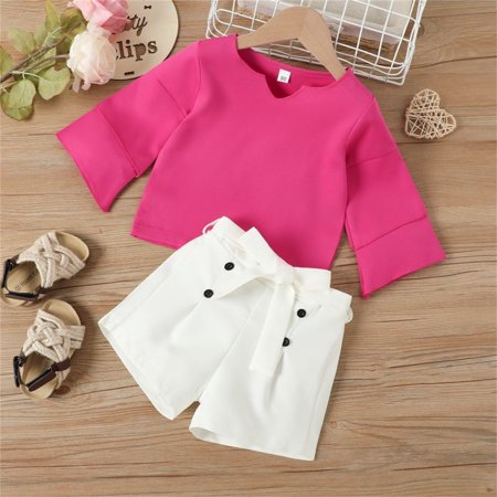 

Hunpta Toddler Kids Girls Clothes Casual BeachSoild Long Sleeve Top Bowknot Short 2PCS Outfits Set
